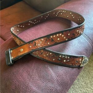 Nocona Brown and Black tooled Leather Belt with rhinestone Accents